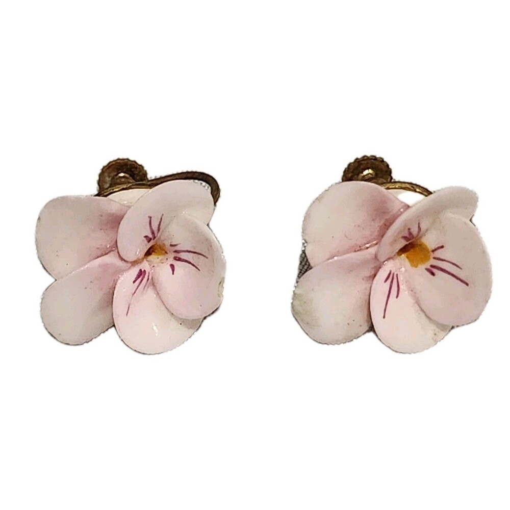 Vintage Denton England Bone China Pink Pansy Flower Screw Back Earrings